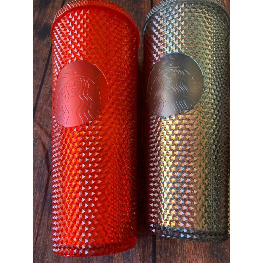 Starbucks Red & Iridescent Studded Tumblers 24 Oz Reusable Cups Lids G & N 2PK